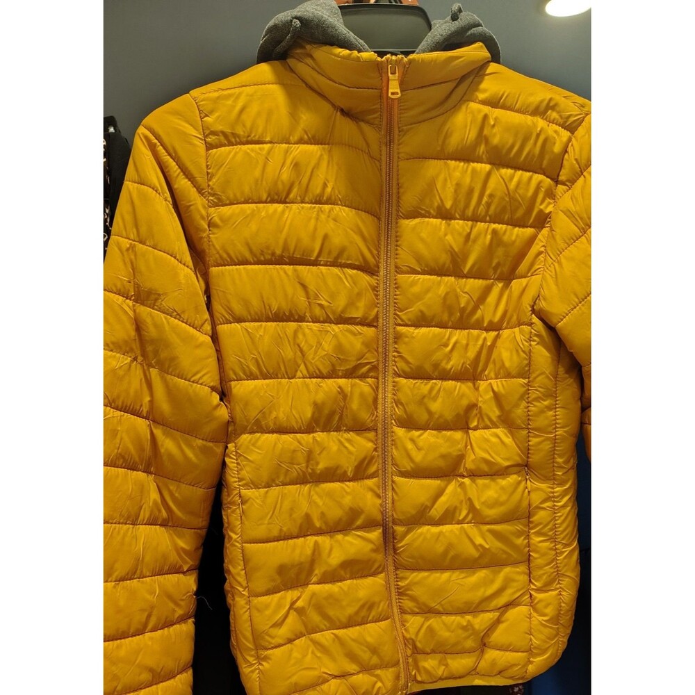 Boys Yellow Puffer Jacket with Gray Hood, Zip Closure, Hooded, Insulated